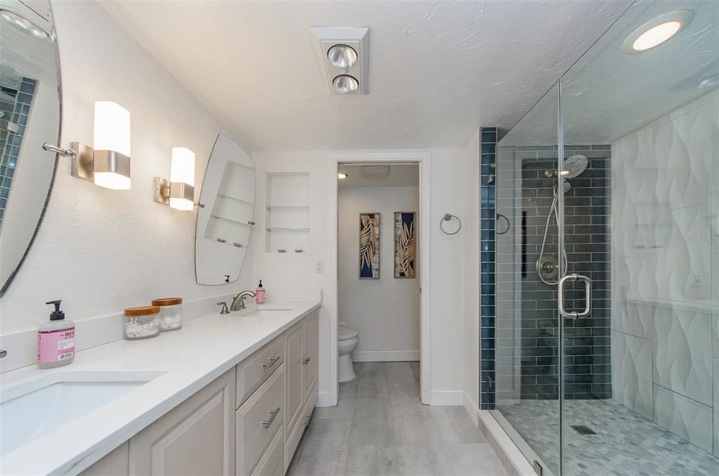 Bathroom, Dual Sink Vanities, Glass Shower, Interior, Recessed Lighting