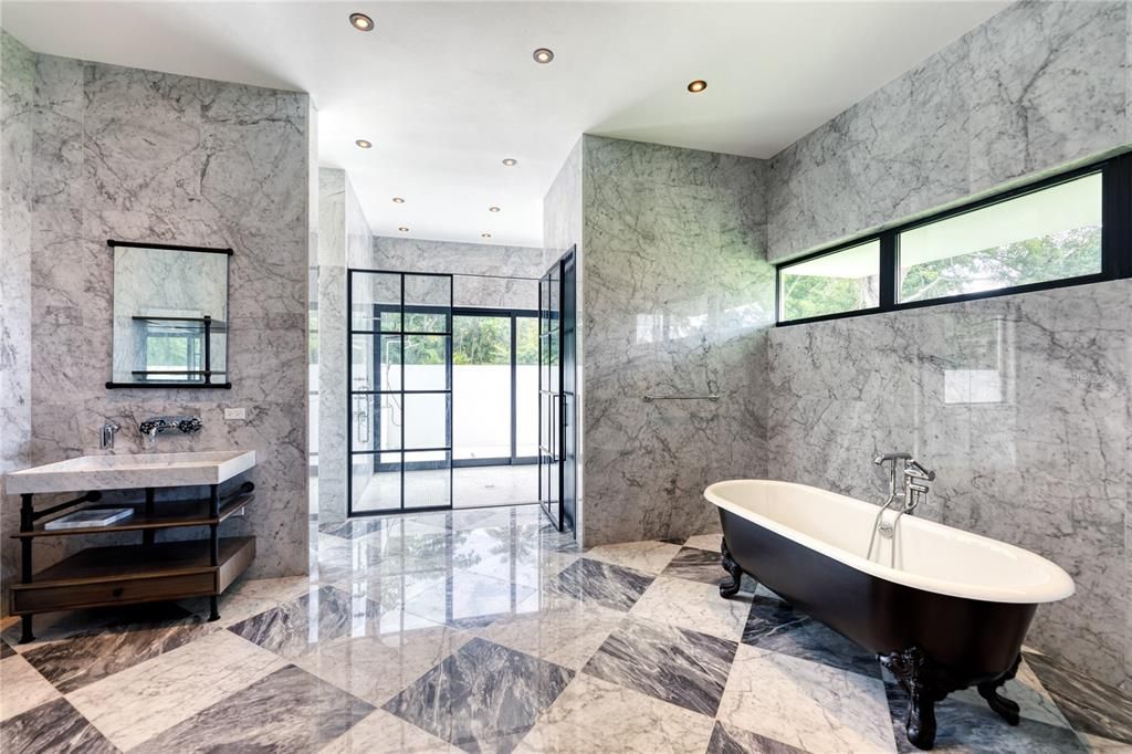 Bathroom, Dual Sink Vanities, Free Standing Baths, Glass Shower, Interior, Marble, Marble Walls, Recessed Lighting