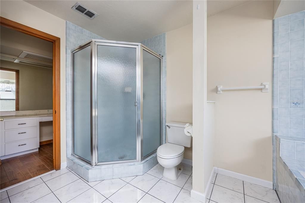 Bathroom, Glass Shower, Interior, Marble, Wood Texture Flooring