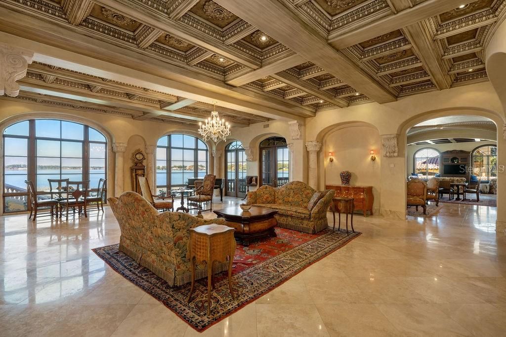 Chandelier, Dining room, Interior, Living room, Recessed Lighting, Water, Wooden Beams