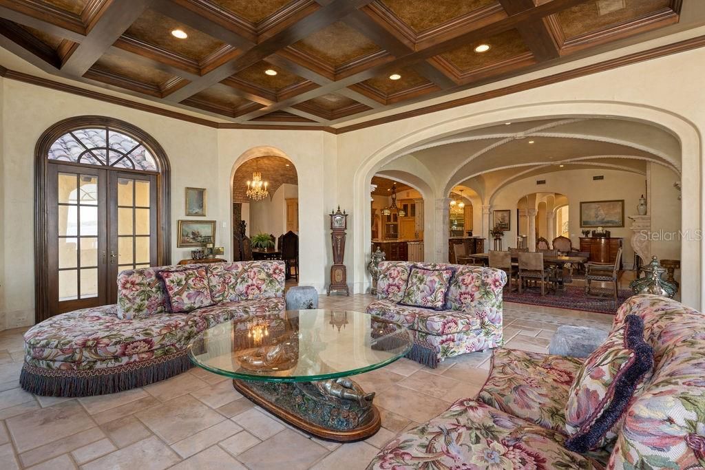 Chandelier, Dining room, Interior, Living room, Recessed Lighting, Wooden Beams, Wooden Ceilings