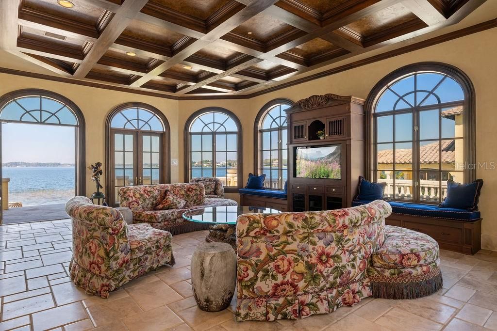 Interior, Living room, Recessed Lighting, Water, Wooden Beams