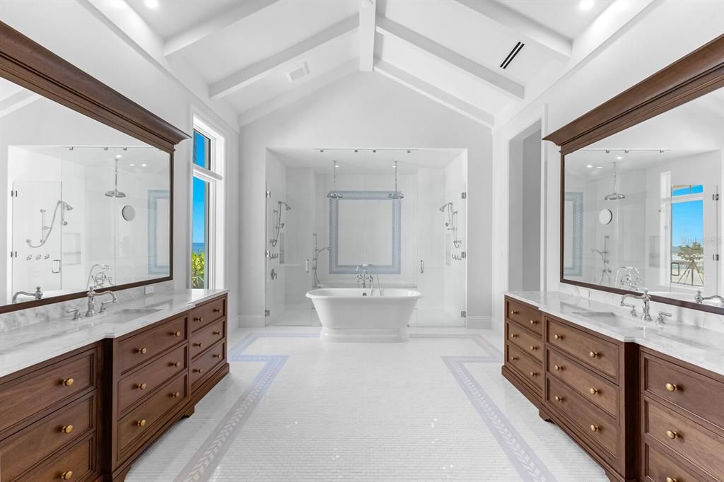 Bathroom, Dual Sink Vanities, Free Standing Baths, Glass Shower, Interior, Recessed Lighting
