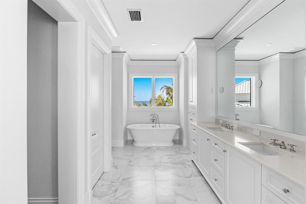 Bathroom, Dual Sink Vanities, Free Standing Baths, Interior, Marble, Recessed Lighting, Water