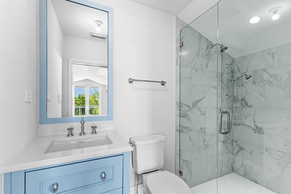 Bathroom, Glass Shower, Interior, Marble Walls, Recessed Lighting
