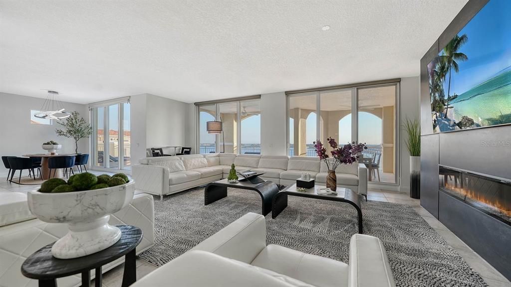 Dining room, Fireplace, Interior, Living room, Pendant Lights