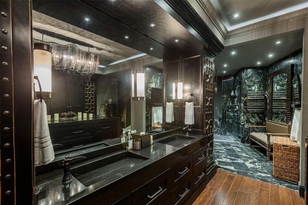 Bathroom, Chandelier, Dual Sink Vanities, Interior, Recessed Lighting, Wood Texture Flooring