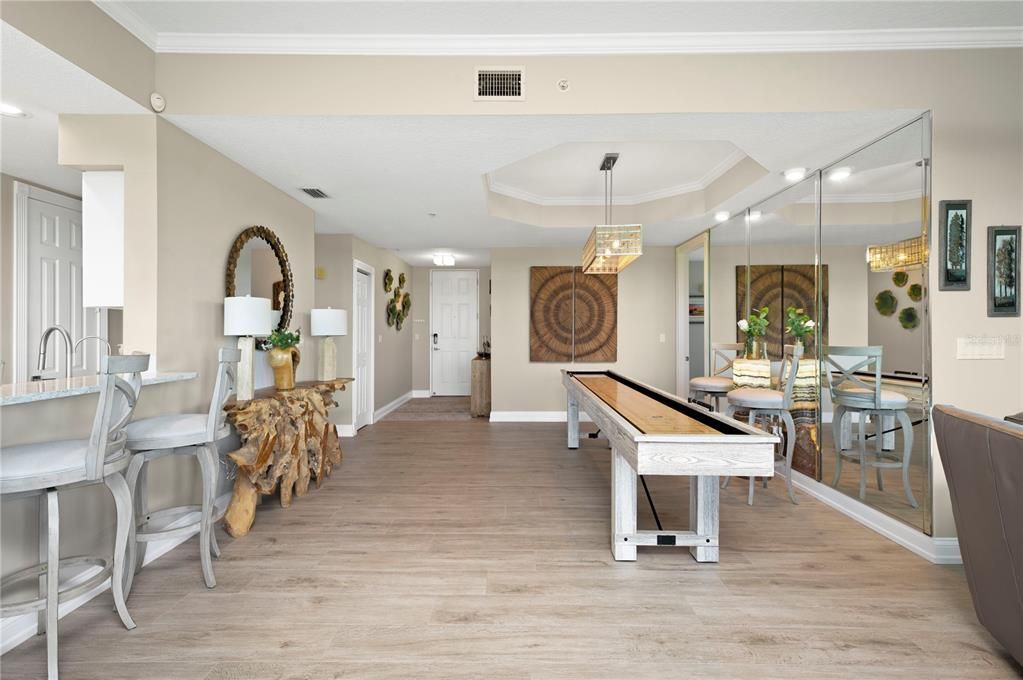Billiard Table, Dining room, Game Room, Interior, Pendant Lights, Recessed Lighting, Wood Texture Flooring