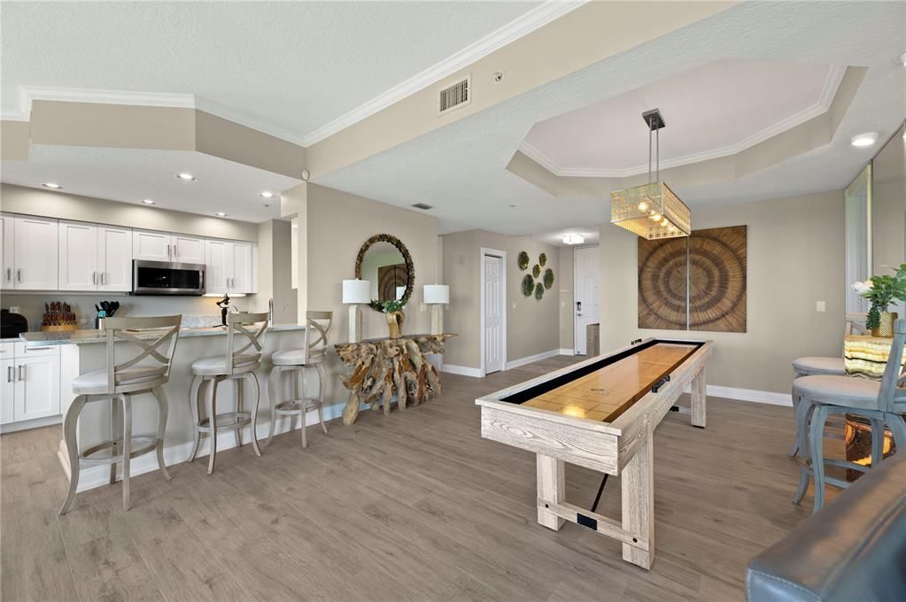 Billiard Table, Game Room, Interior, Kitchen, Pendant Lights, Recessed Lighting, Stainless Steel Appliances, Wood Texture Flooring