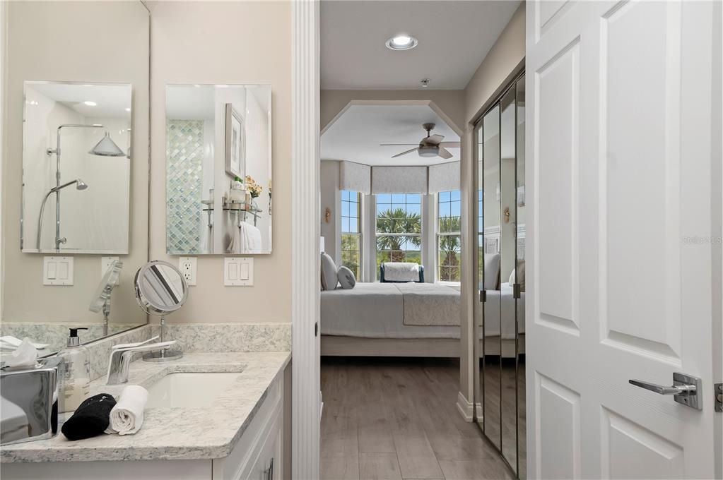 Bathroom, Bedroom, Dual Sink Vanities, Interior, Recessed Lighting, Wood Texture Flooring