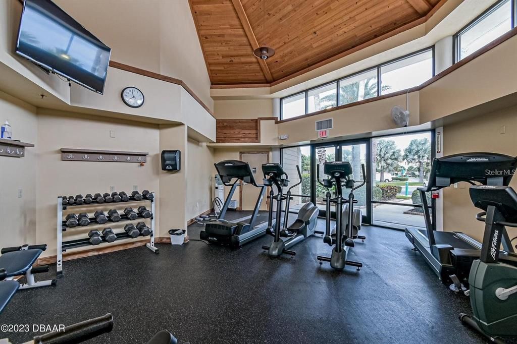 Fitness Equipment, Gym, Interior, Recessed Lighting, Wooden Ceilings