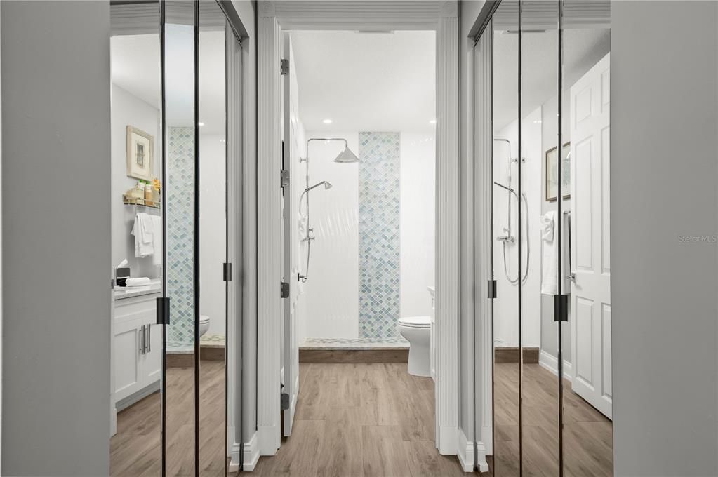 Bathroom, Glass Shower, Interior, Recessed Lighting, Wood Texture Flooring