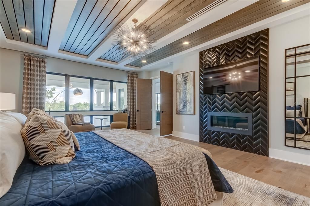 Bedroom, Fireplace, Interior, Pendant Lights, Recessed Lighting, Wooden Ceilings, Wood Texture Flooring
