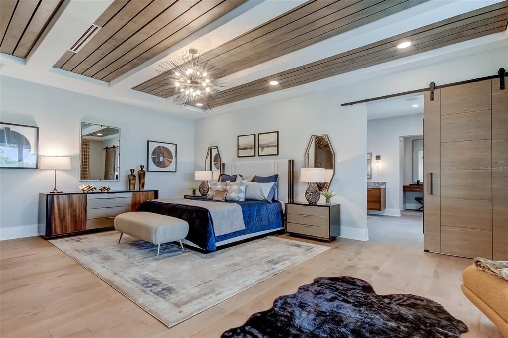 Bedroom, Interior, Pendant Lights, Recessed Lighting, Wooden Ceilings, Wood Texture Flooring