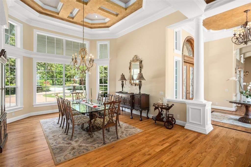 Chandelier, Dining room, Interior, Recessed Lighting, Wood Texture Flooring