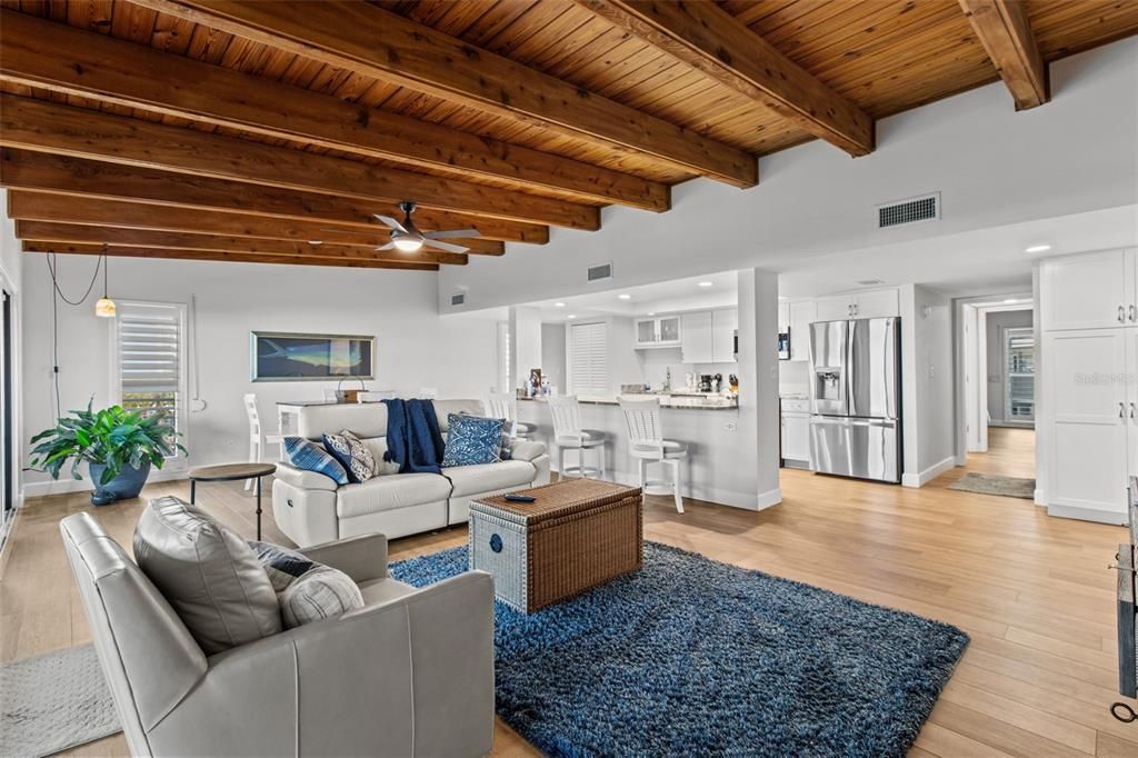 Interior, Kitchen, Living room, Pendant Lights, Recessed Lighting, Stainless Steel Appliances, Wooden Beams, Wooden Ceilings, Wood Texture Flooring