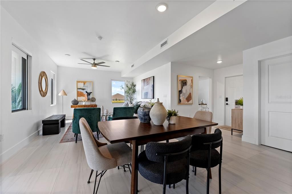 Dining room, Interior, Recessed Lighting, Wood Texture Flooring