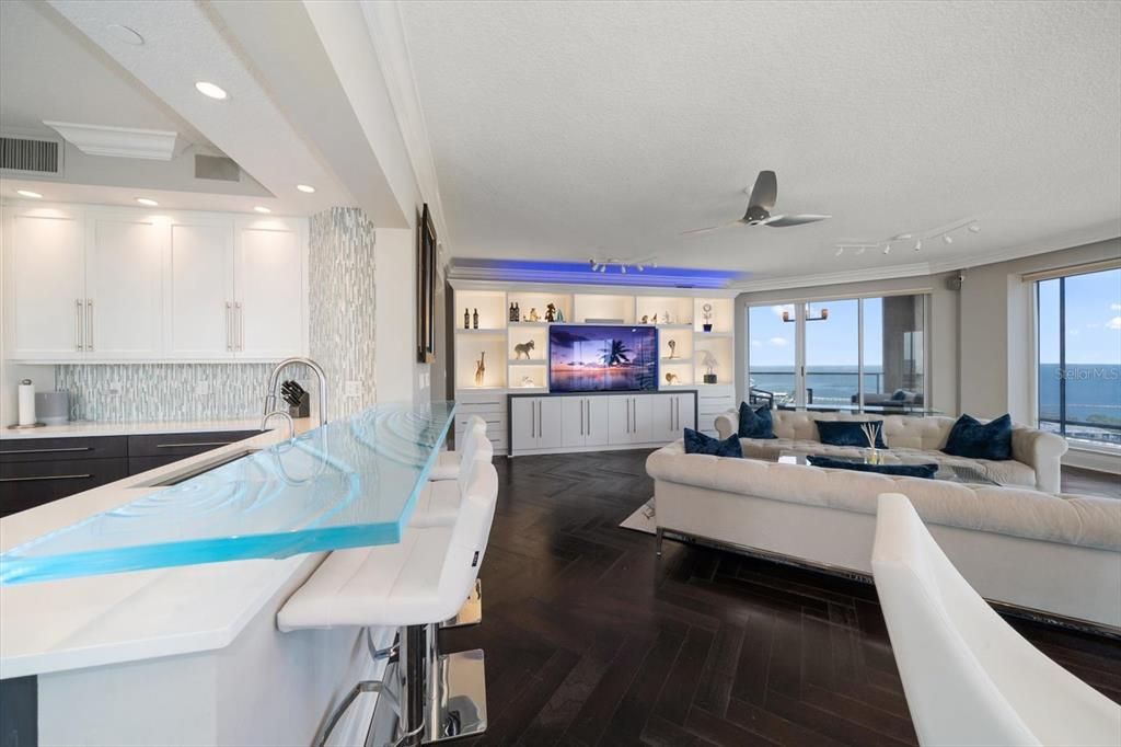 Interior, Kitchen, Living room, Recessed Lighting, Water, Wood Texture Flooring