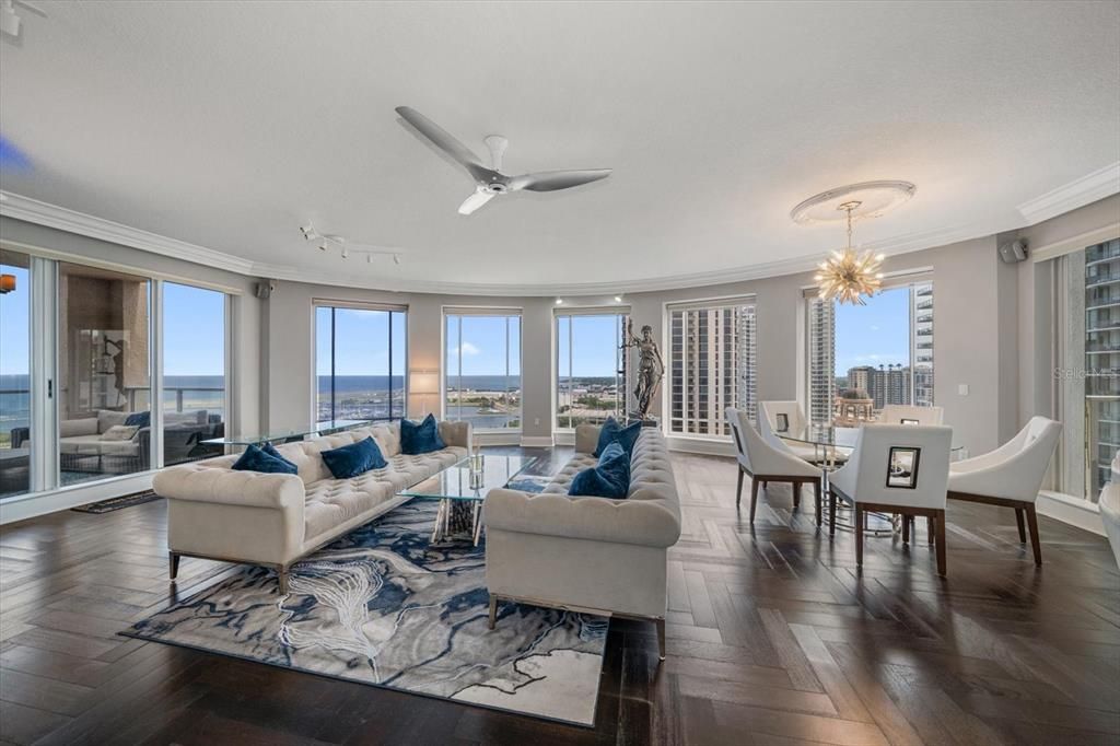 Chandelier, Dining room, Interior, Living room, Pendant Lights, Water, Wood Texture Flooring