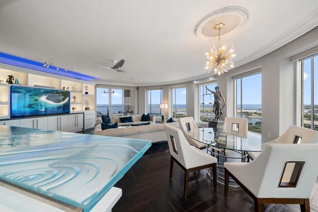 Dining room, Interior, Living room, Pendant Lights, Water, Wood Texture Flooring