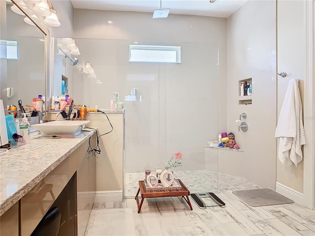Bathroom, Glass Shower, Interior, Recessed Lighting, Wood Texture Flooring