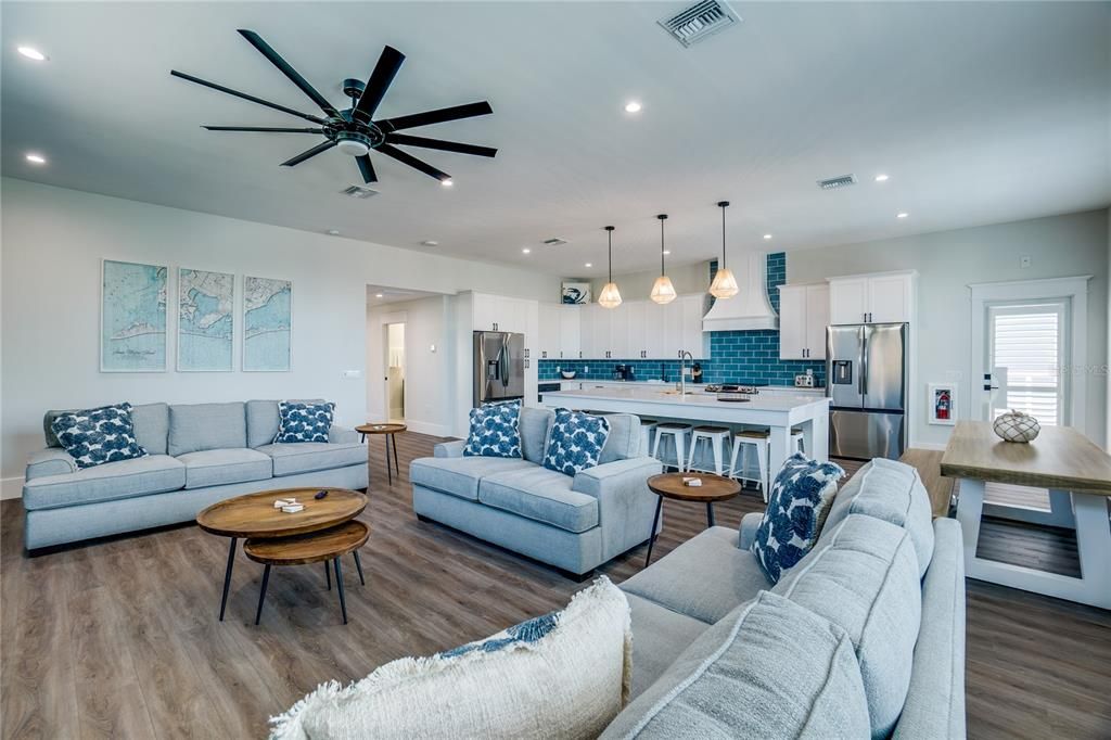 Interior, Kitchen, Living room, Pendant Lights, Recessed Lighting, Stainless Steel Appliances, Wood Texture Flooring