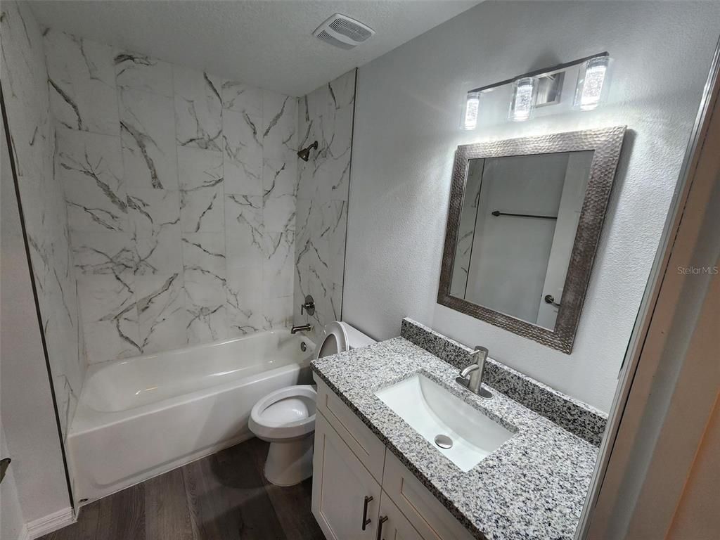 Bathroom, Interior, Marble Walls, Wood Texture Flooring