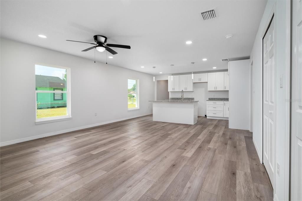 Empty room, Interior, Kitchen, Recessed Lighting, Wood Texture Flooring