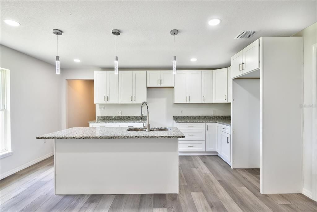 Interior, Kitchen, Pendant Lights, Recessed Lighting, Wood Texture Flooring