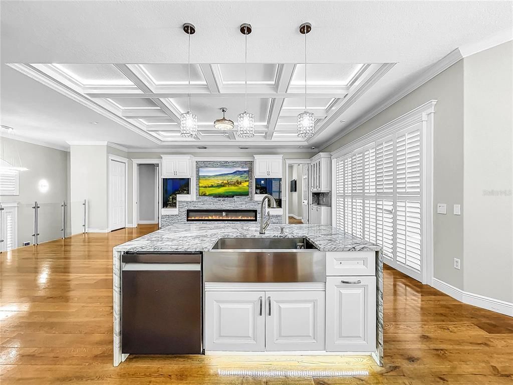 Fireplace, Interior, Kitchen, Pendant Lights, Stainless Steel Appliances, Wood Texture Flooring