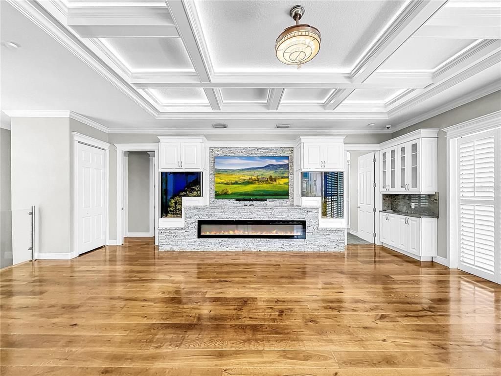 Empty room, Fireplace, Interior, Recessed Lighting, Wood Texture Flooring