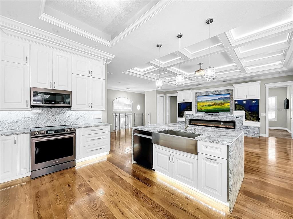 Interior, Kitchen, Pendant Lights, Recessed Lighting, Stainless Steel Appliances, Wood Texture Flooring