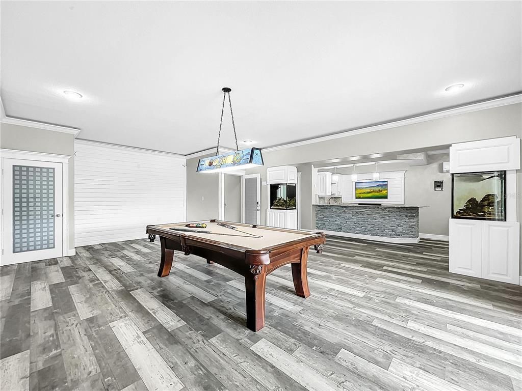Billiard Table, Game Room, Interior, Pendant Lights, Recessed Lighting, Wood Texture Flooring