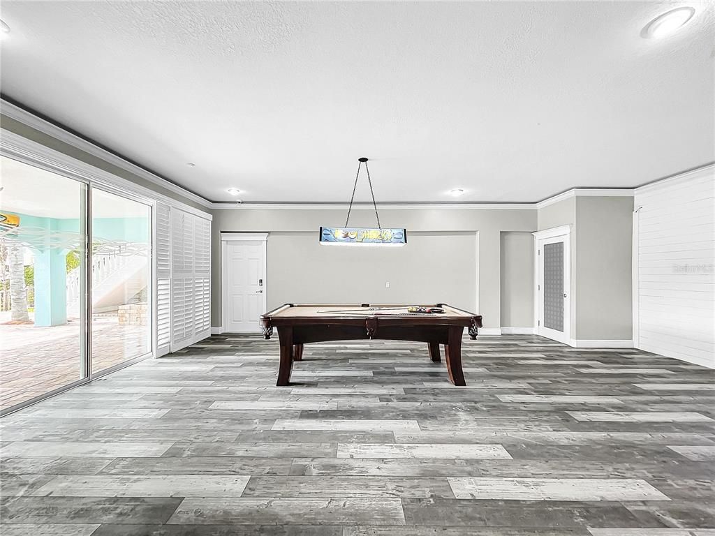 Billiard Table, Game Room, Interior, Pendant Lights, Wood Texture Flooring