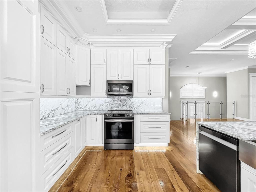 Interior, Kitchen, Marble Walls, Recessed Lighting, Wood Texture Flooring