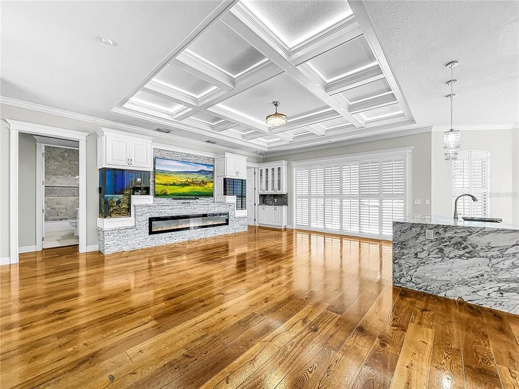 Empty room, Fireplace, Interior, Pendant Lights, Wood Texture Flooring