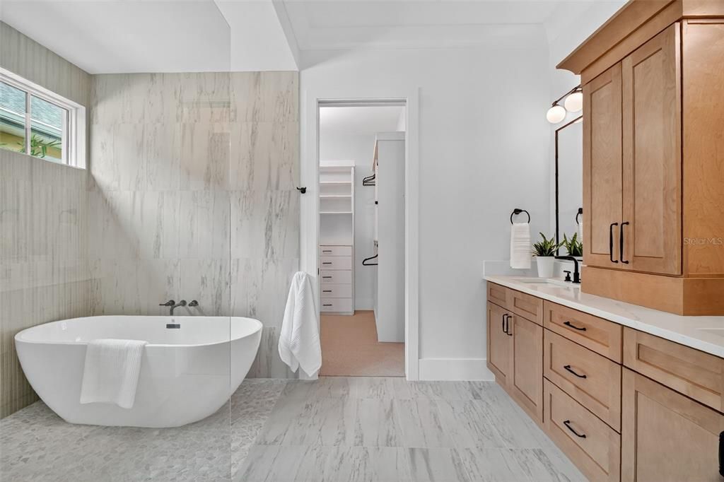 Bathroom, Dual Sink Vanities, Free Standing Baths, Interior, Marble, Marble Walls