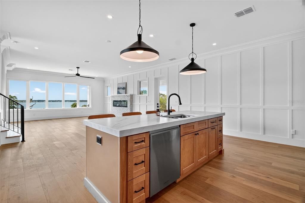 Interior, Kitchen, Pendant Lights, Recessed Lighting, Water, Wood Texture Flooring