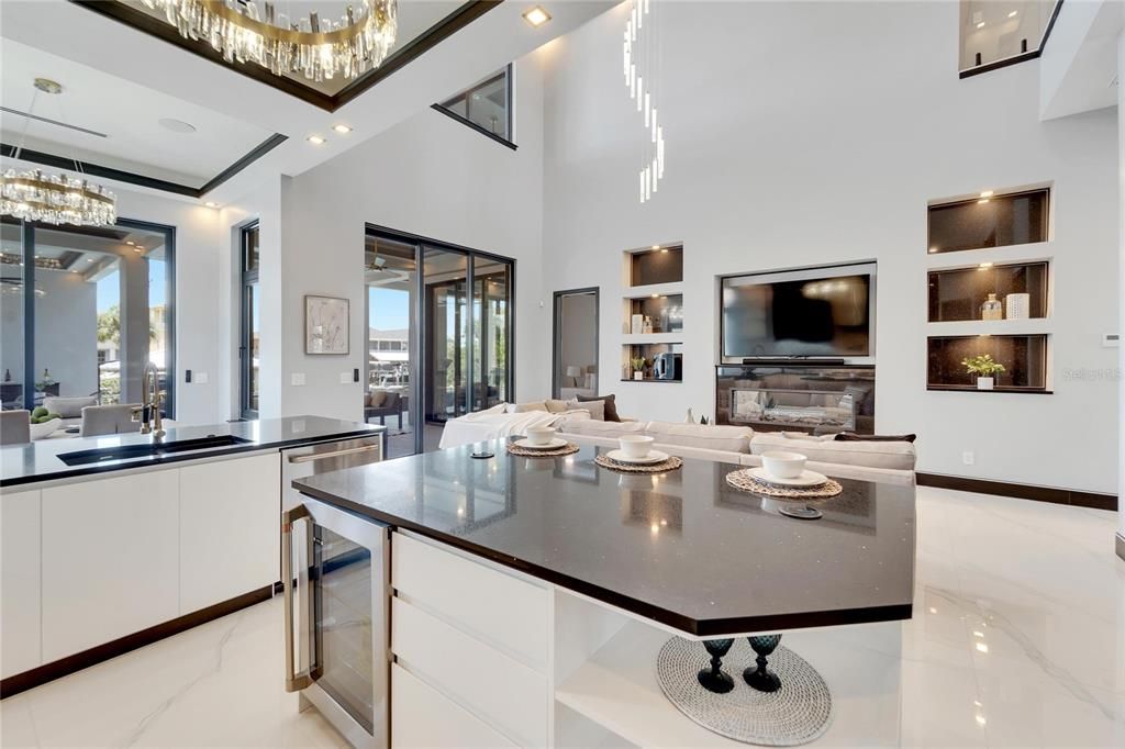 Interior, Kitchen, Living room, Marble, Pendant Lights, Recessed Lighting
