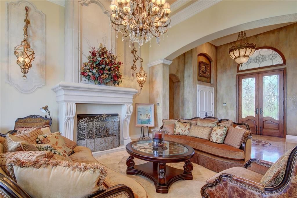 Chandelier, Fireplace, Interior, Living room, Pendant Lights