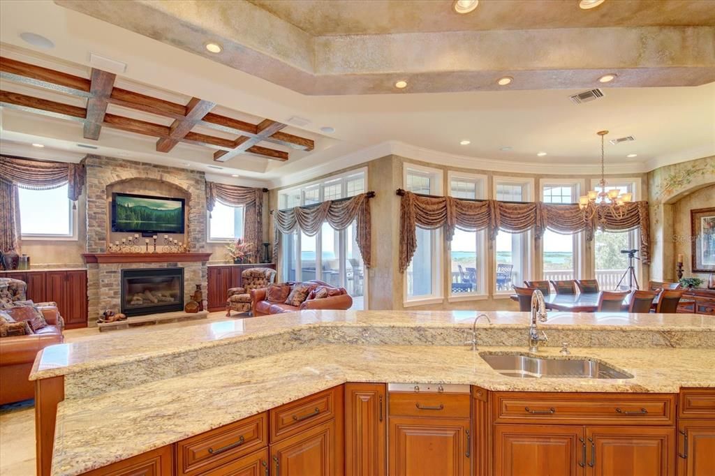 Chandelier, Dining room, Fireplace, Interior, Living room, Recessed Lighting, Wooden Beams