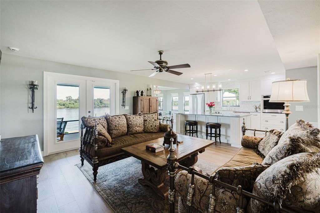 Interior, Kitchen, Living room, Pendant Lights, Recessed Lighting, Water, Wood Texture Flooring