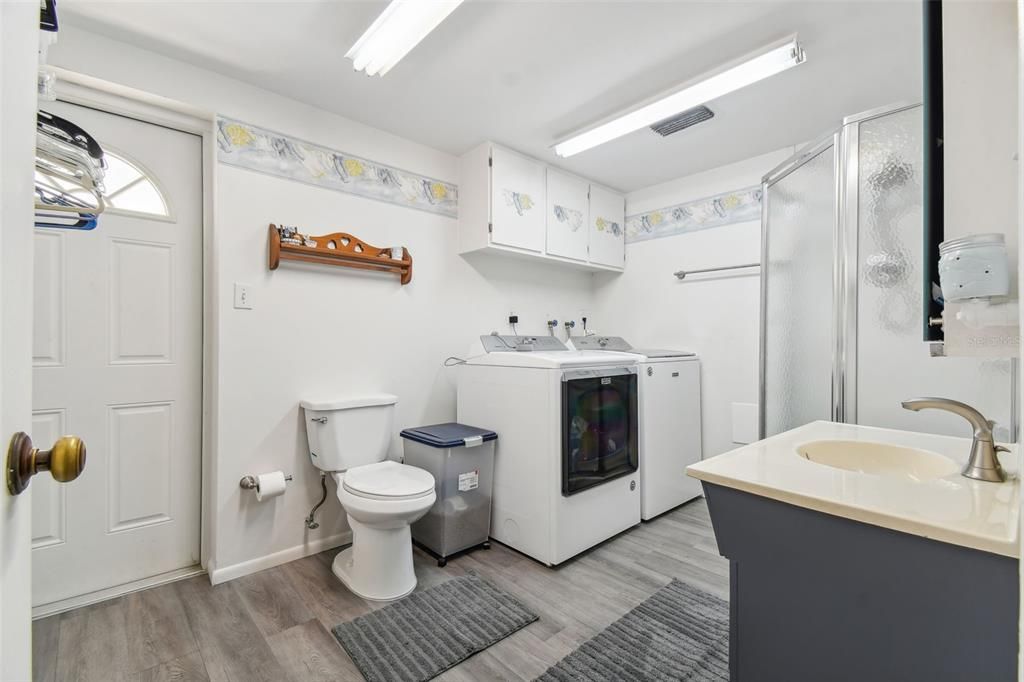 Bathroom, Interior, Washer, Wood Texture Flooring
