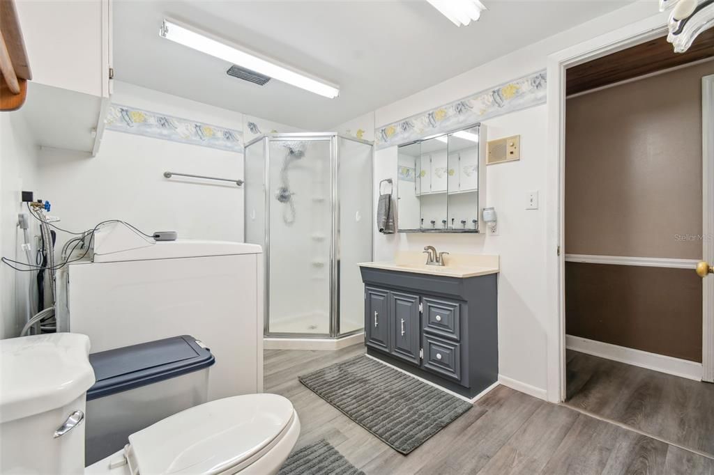 Bathroom, Glass Shower, Interior, Wood Texture Flooring