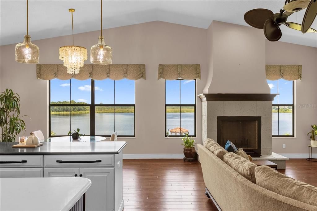 Chandelier, Fireplace, Interior, Living room, Pendant Lights, Water, Wood Texture Flooring