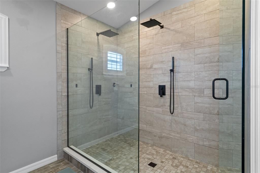 Bathroom, Glass Shower, Interior, Recessed Lighting, Stone Walls