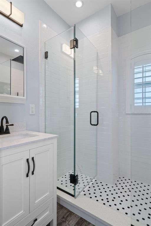 Bathroom, Glass Shower, Interior, Recessed Lighting, Wood Texture Flooring