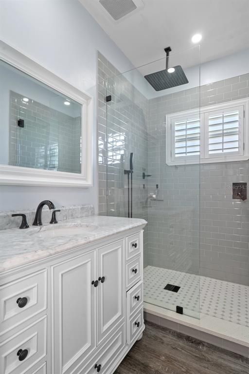 Bathroom, Glass Shower, Interior, Recessed Lighting, Wood Texture Flooring