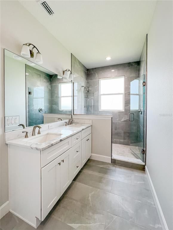 Bathroom, Dual Sink Vanities, Glass Shower, Interior, Recessed Lighting