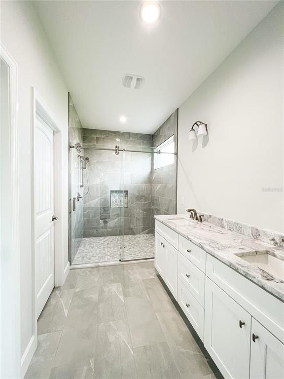 Bathroom, Dual Sink Vanities, Glass Shower, Interior, Recessed Lighting